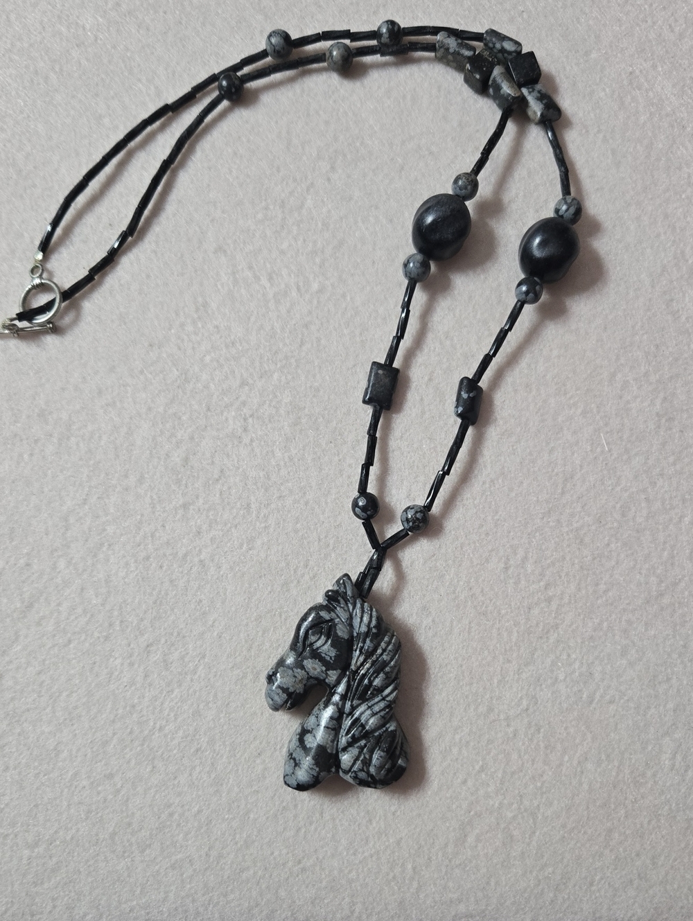 Carved Horse Head Pendant Snowflake Obsidian Beaded Necklace - Black & Gray 21"